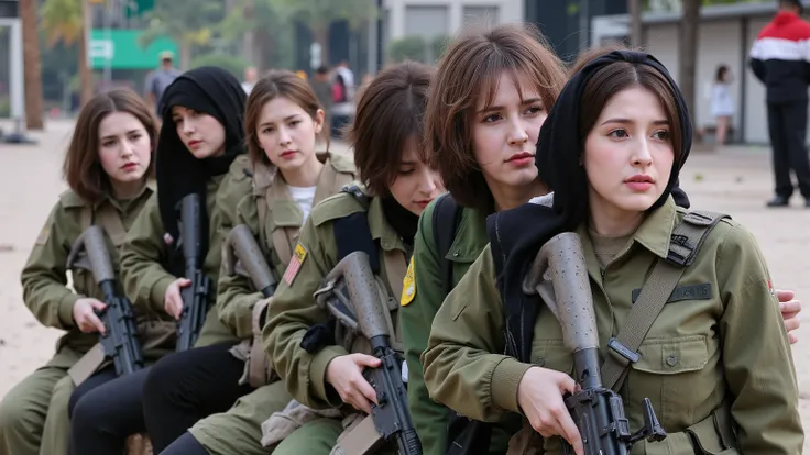 Portrait : , camera angle from the side,7 egyptian women, 20 years old, White skin,Big breasts , Wear an American military uniform, Wear a black cloth over your head ,Revealing a beautiful face,Everybody's carrying an M4 gun., sitting in a row,In the...