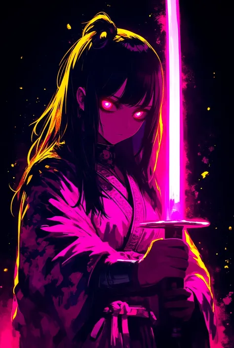 A cyberpunk samurai woman, wearing a futuristic kimono with metallic and floral patterns, wielding a glowing energy katana infused with bright pink and violet neon light. Her face is partially shadowed, with glowing cybernetic eyes. The background is deep ...