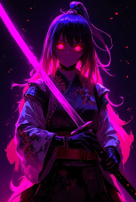 A cyberpunk samurai woman, wearing a futuristic kimono with metallic and floral patterns, wielding a glowing energy katana infused with bright pink and violet neon light. Her face is partially shadowed, with glowing cybernetic eyes. The background is deep ...