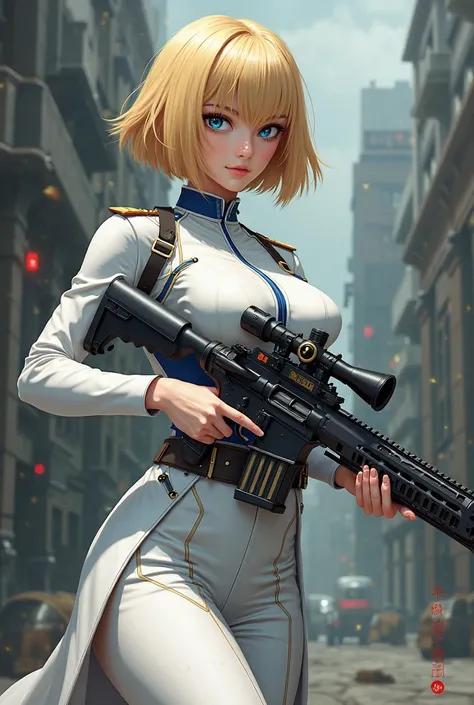 A attractive young woman with blonde neck length bob cut with The End having a flare cut and blue eyes, fairly broad-shouldered torso, yet maintained a very voluptuous and buxom figure,HourGlass Waist,White Uniform that has Blue Accent and gold Outlining w...