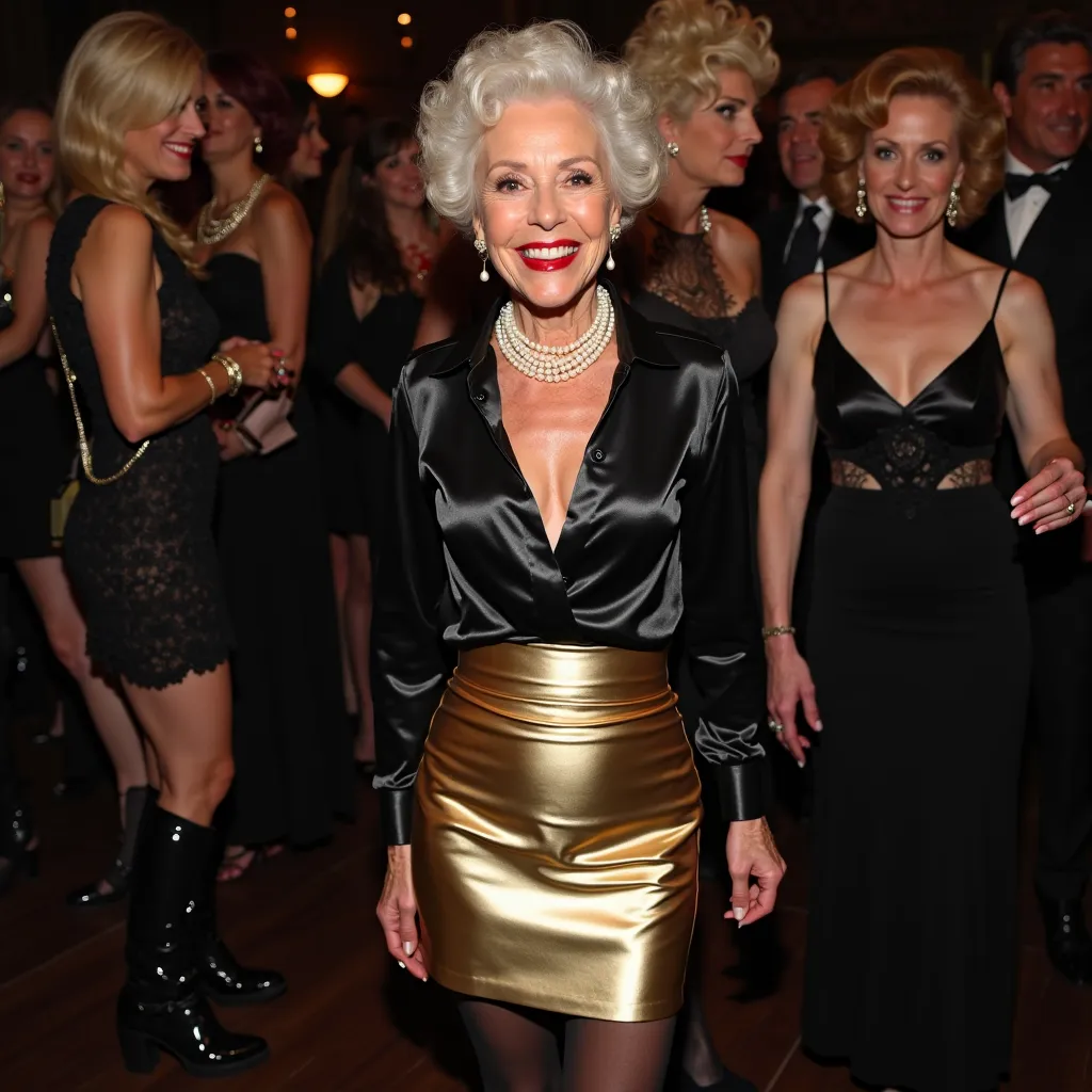 full-length picture,
elderly woman,
smiling,
posing standing,
facing the camera,
pearl necklace,
red carmin lipstick,
shiny black satin shirt, very low-cut,
shiny gold vinyl mini skirt,
dark black opaque stockings,
high boots without lace,
The image sugges...