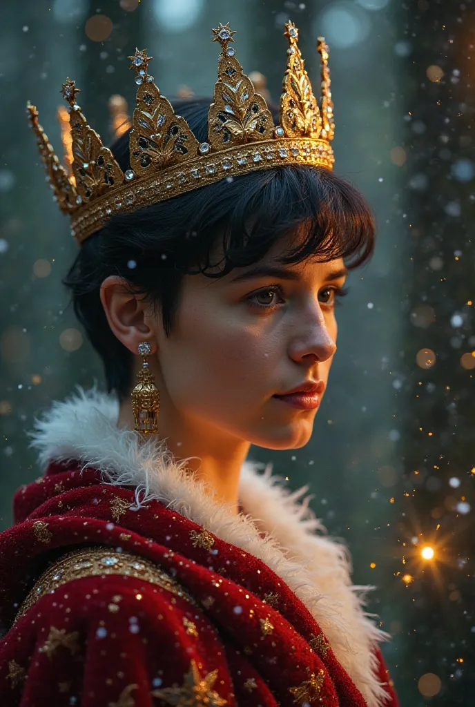 Spirit of Christmas in the woods, christmas king del universo, stars, Sacred Symbols , magic, beautiful lights, King of the Night, Gold and diamond crown, young, beautiful king of christmas, short hair, black hair, magic navideña