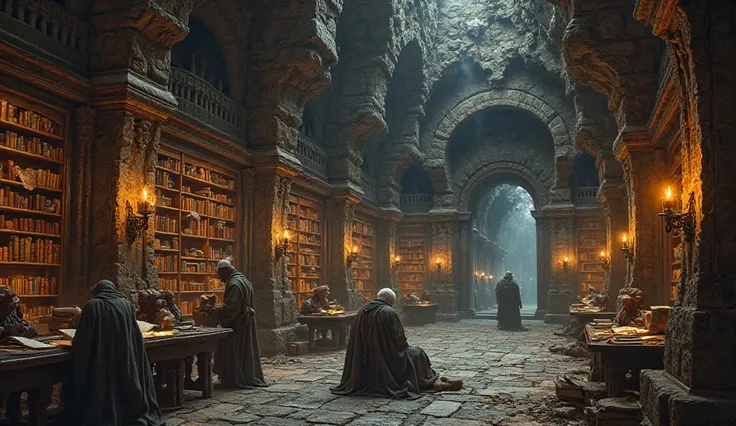 An old, dusty library filled with ancient scrolls and forbidden knowledge, dimly lit by torches on stone walls.