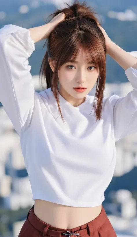 betterpose, realism, round ass, Beautiful girl with short bright red hair,  modern style , hair fall on face. Covered style, without revealing clothes. office style, white shirt,  black tie.  men's style . The face is covered with hair, winter mountains in...