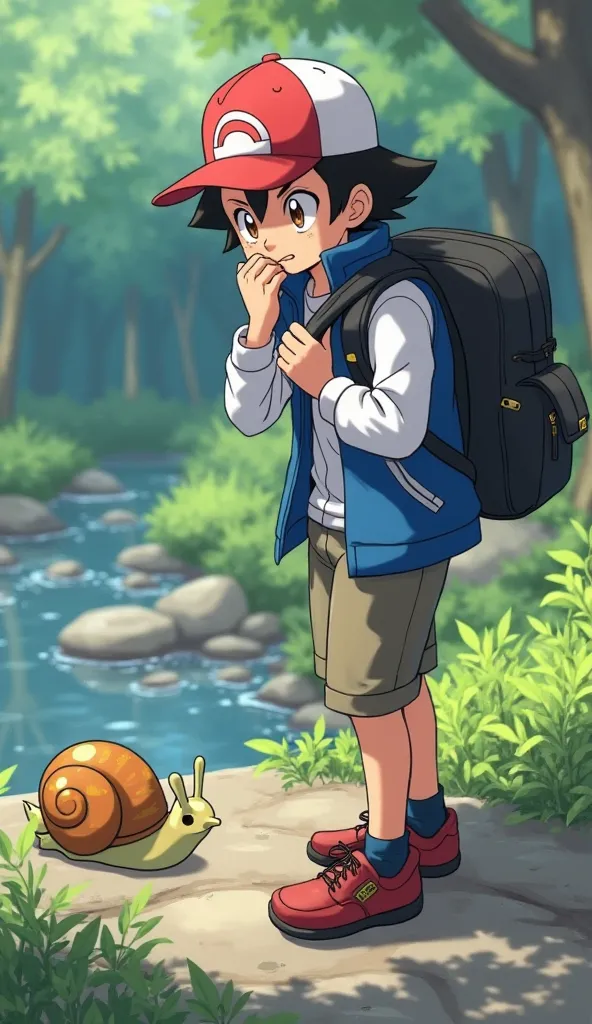 As Satoshi (Ash Ketchum) wipes his mouth, he stands up and adjusts his black backpack. His blue jacket with white sleeves rustles slightly as he moves. Suddenly, he notices a small, snail-like Pokémon resting on a rock near the stream. The Pokémon’s shell ...