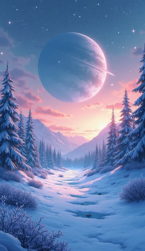 13. Enchanted Frost Valley at Twilight

A vast, icy valley where the frost-covered trees emit a soft, cerulean glow. The sky is painted in gradients of peach, cyan, and deep purple as the last remnants of daylight fade. A mysterious ringed planet is subtly...