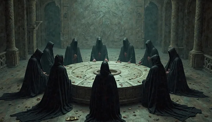 A shadowy meeting of nine robed figures sitting around a circular stone table, discussing in whispers.