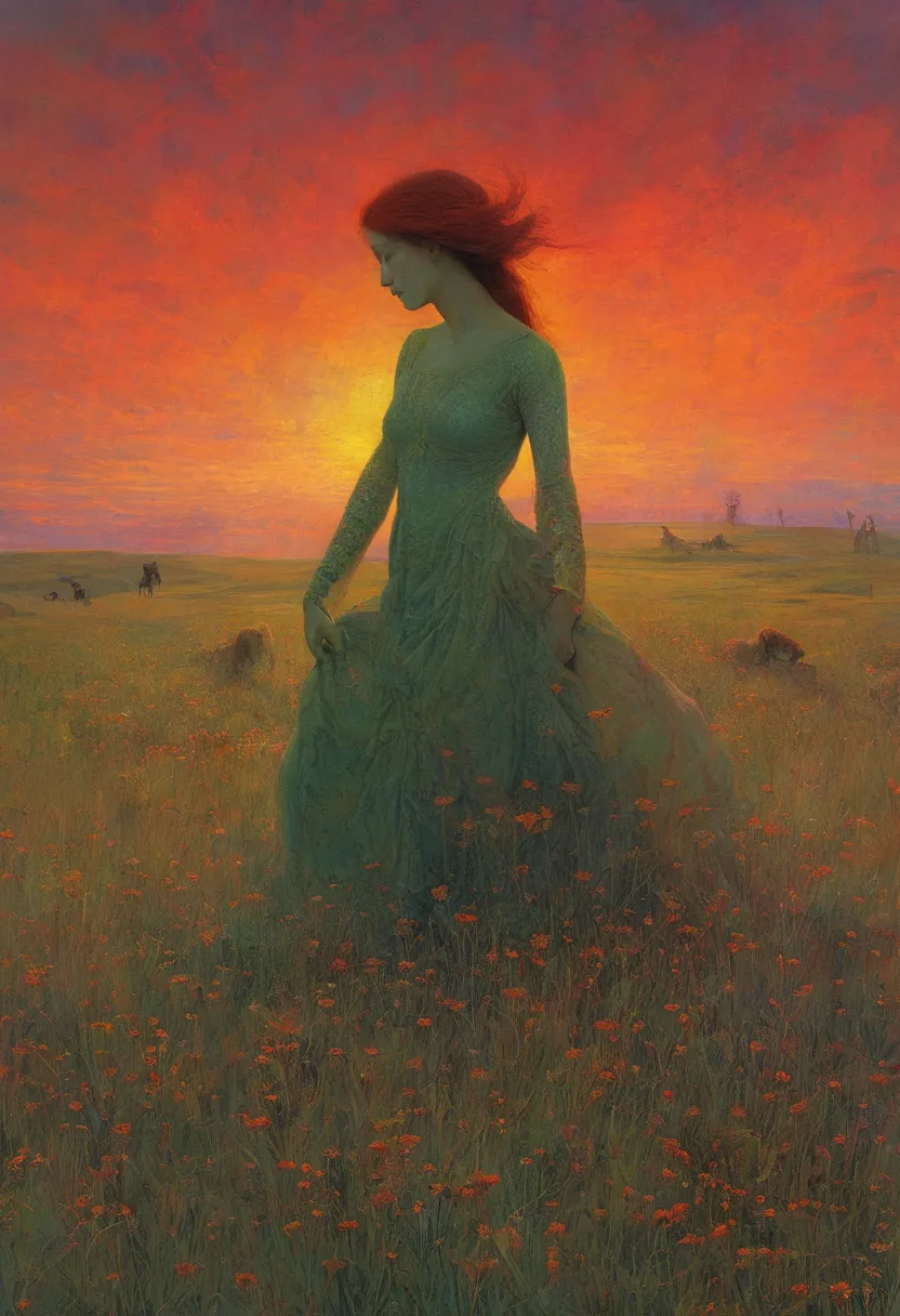 Mythical creatures, author：zislaw Beksiński、In the center is the beautiful queen of the equestrian tribe with her auburn hair. Background, meadow with red sunset.
