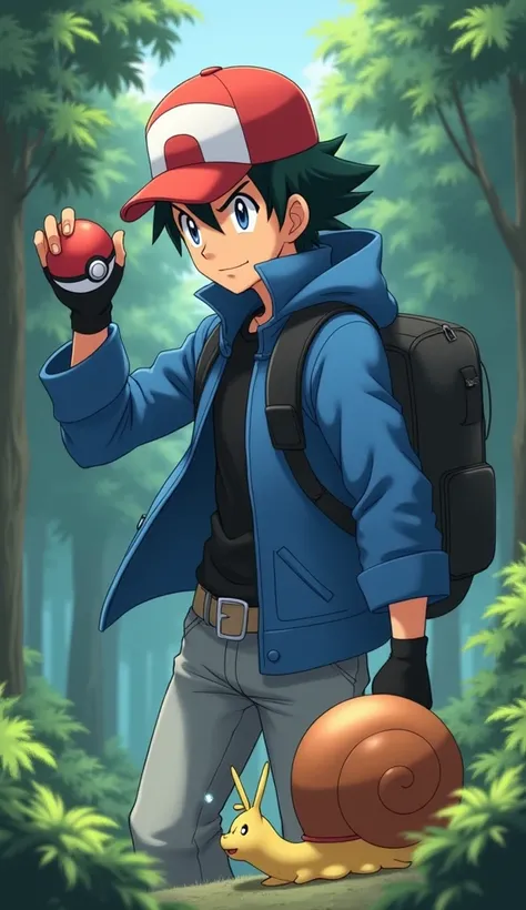 With a determined expression, Satoshi (Ash Ketchum) grips a Poké Ball in his gloved hand and throws it toward the snail Pokémon. His blue jacket flutters slightly from the motion, and his red-and-white cap tilts just a little. He is still wearing his black...