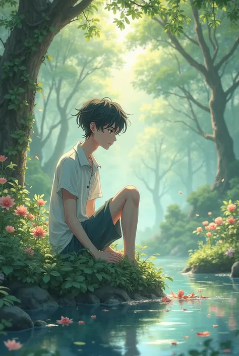 Anime boy in peaceful nature