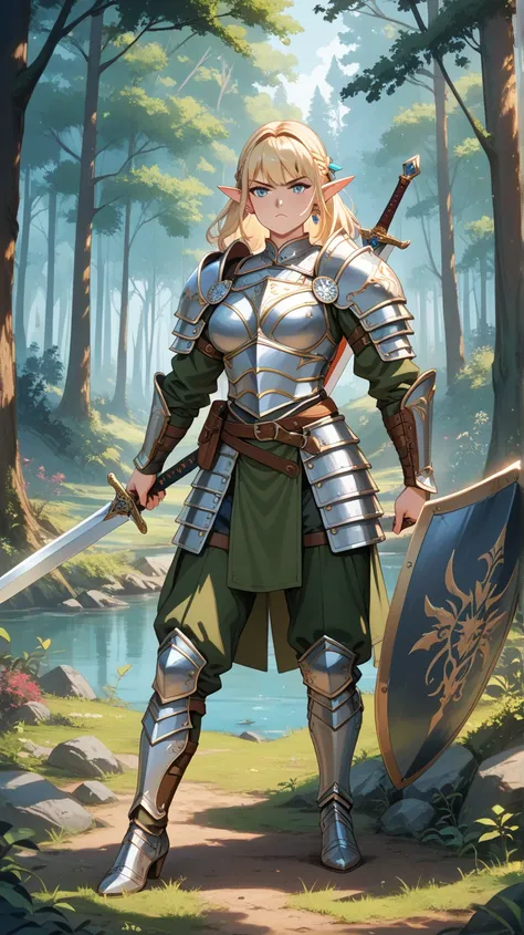  Gold、Big Breasts、Elf、forest、 full plate armor 、equipped with a large sword and shield、fight、Glare