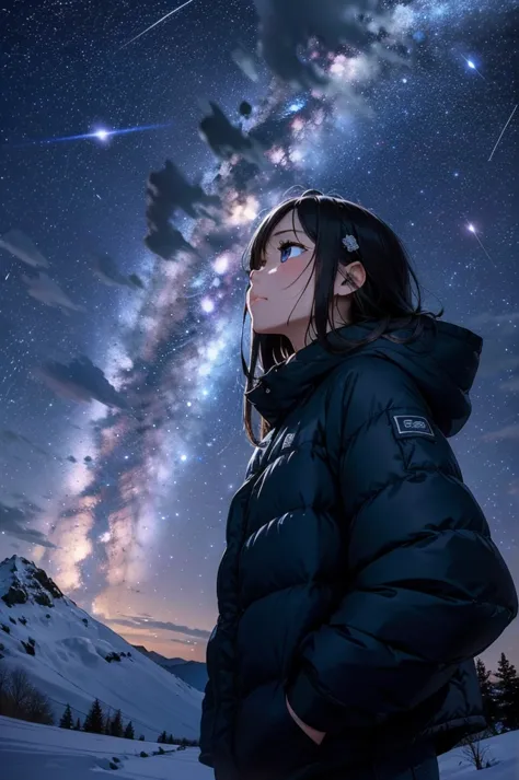 On the slope of a field above a mountain, she and he lie face up and look up at the night sky、She tilted her face towards me and looked at me.、She is blushing、Holding the hand of his right hand and her left hand、The viewpoint is looking up into the night s...