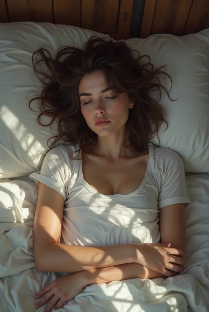 An ultra realistic Brunette haired woman wearing only a t-shirt sleeping in bed exposing her thighs and legs