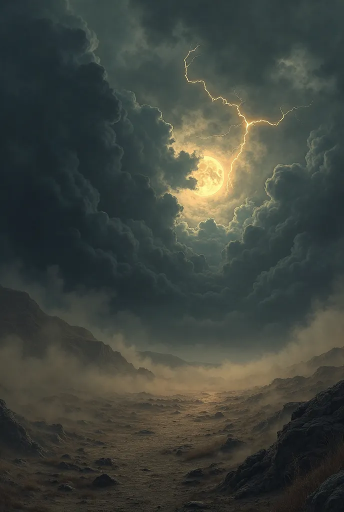 Background Atmosphere:
Dark and Stormy Sky:
The sky is filled with rolling black clouds, occasionally lit by flashes of lightning. In the distance, the faint glow of a full moon peeks through the clouds.

Dominant colors: Black, gray, dark blue, and golden...