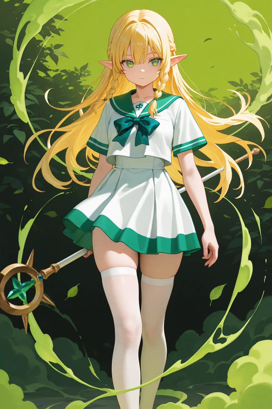 masterpiece, best quality, amazing quality, front view, medium shot, 1girl, solo, elf, pointy ears, braided hair, yellow hair, green eyes, detailed eyes, mint sailor uniform, short skirt, short sleeve, white stocking, superhero walking pose, holding weapon...