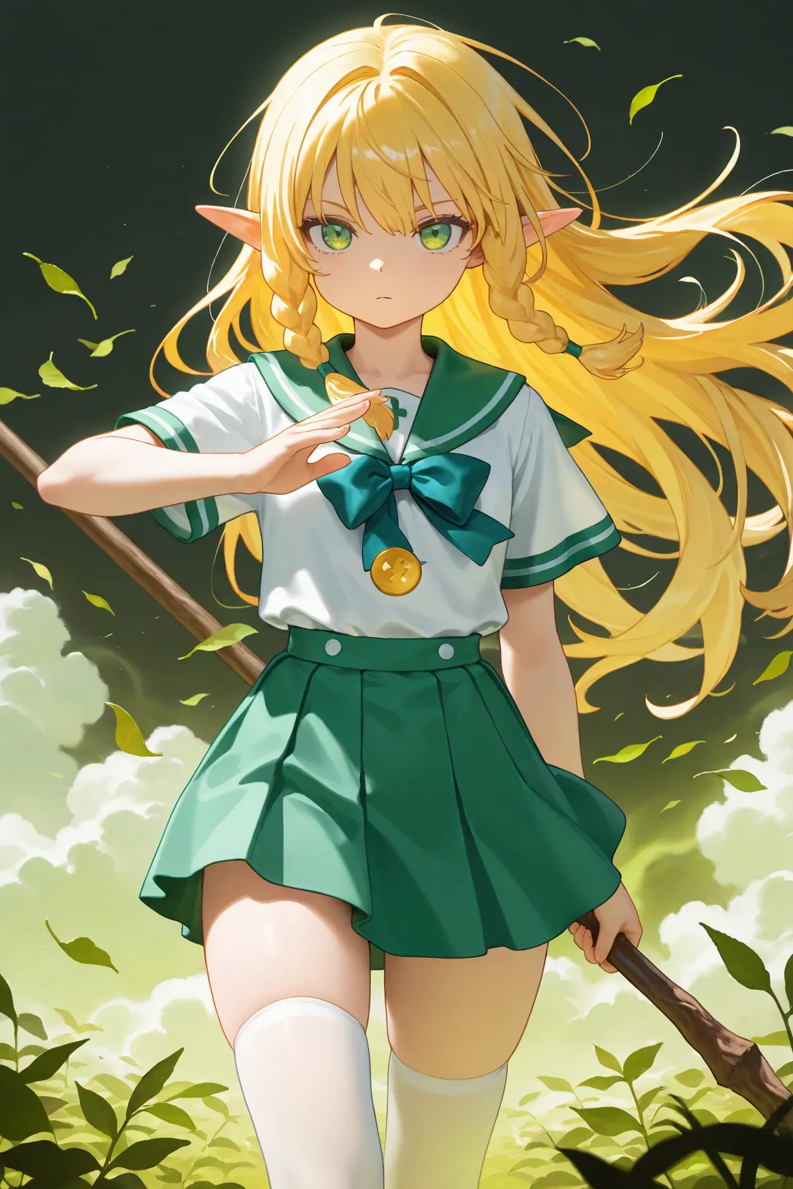 masterpiece, best quality, amazing quality, front view, medium shot, 1girl, solo, elf, pointy ears, braided hair, yellow hair, green eyes, detailed eyes, mint sailor uniform, short skirt, short sleeve, white stocking, superhero walking pose, holding weapon...