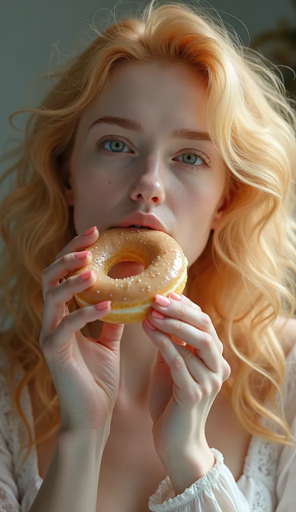  beautiful woman  ( pale skin ) very long hair bright bond curly. Woman eating donut.