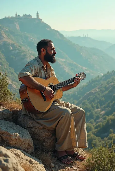 Create an image of a man sitting on a mountain in Jerusalem playing a guitar while singing with great emotion the picturesque and green mountain landscape 