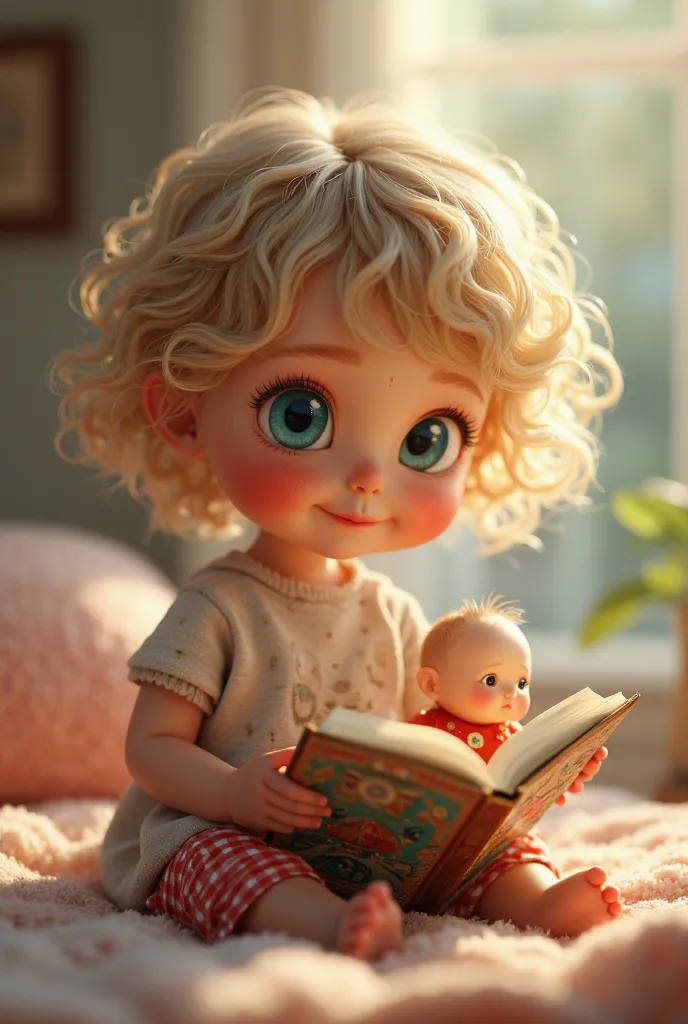   girl  , 3 ans   tout mignonne ,  Short curly hair and blond highlights, very fine , avec des yeux bleu clair  grands cils bien visible , with a doll in her hands intense , is sitting with a book illustrated with Pixar style blurred background High Resolu...