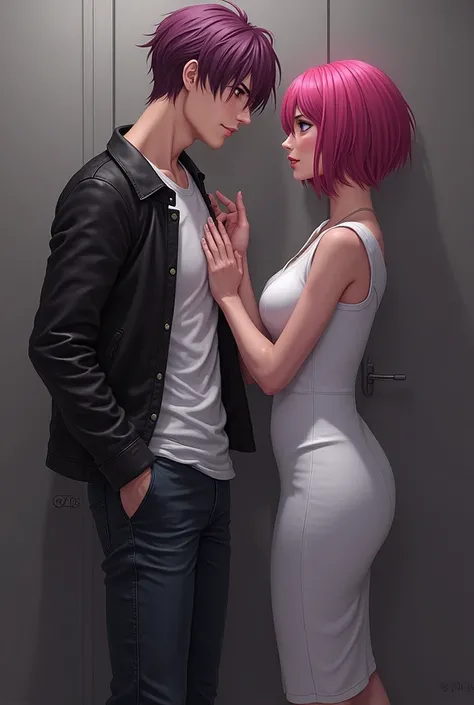 Here’s the updated description with the business dress: "Tecna and Riven stand facing each other in a room. Riven, with his dark pinkish-purple hair, wears a white t-shirt and a black leather jacket, gently pressing Tecna against the wall. The tension betw...