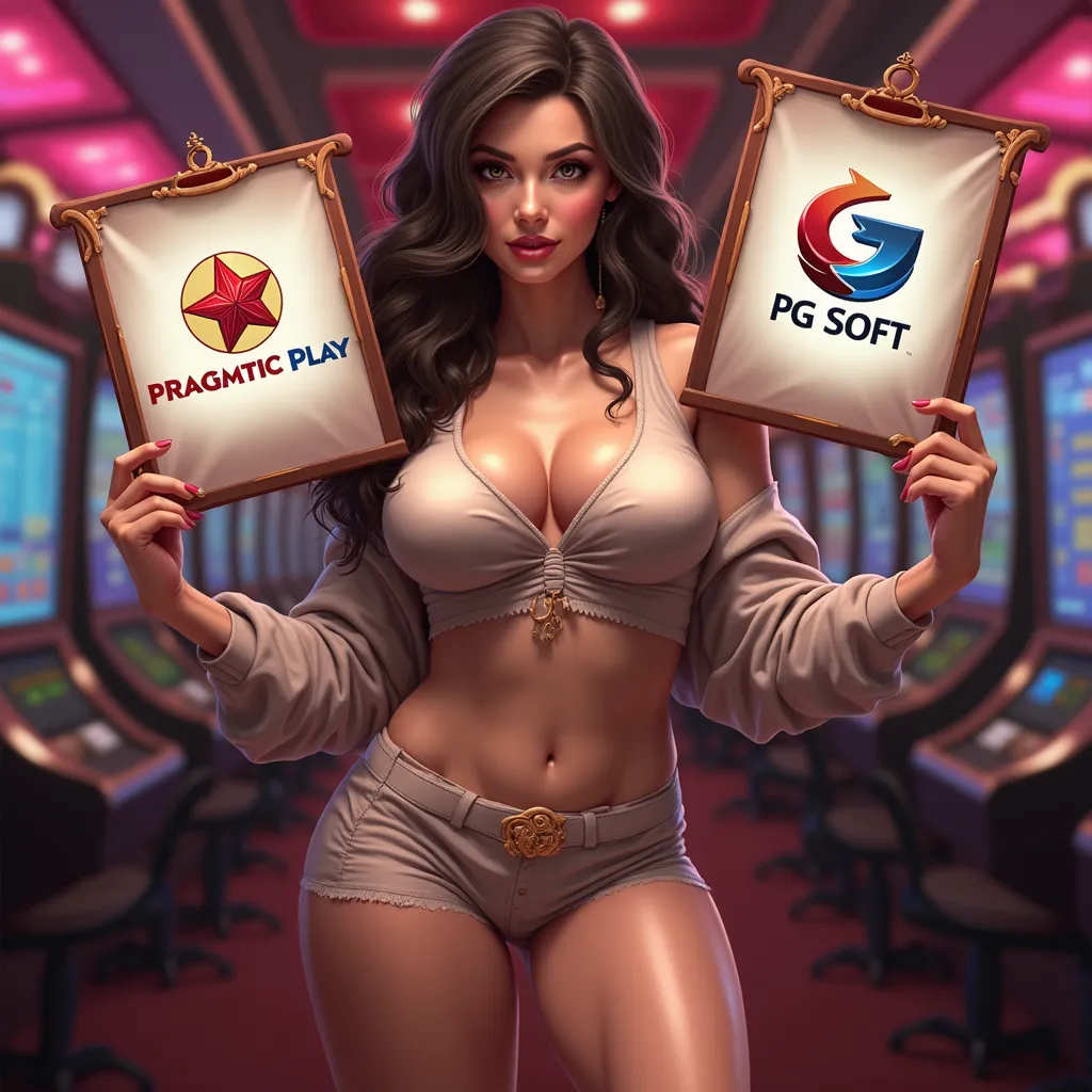 Casino lady shows off her huge breasts (with light ash colored clothes, and a little red ), was holding a banner with the Pragmatic Play logo and PG Soft Slot Logo