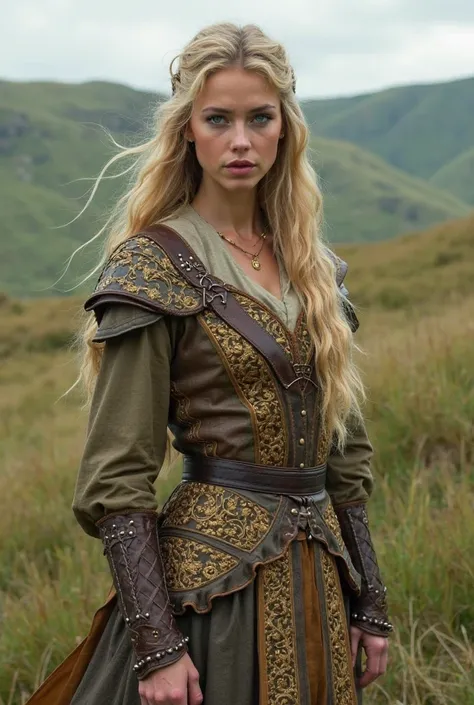 Create a fantasy female character whole body inspired by Éowyn from The Lord of the Rings, but designed for The Hobbit trilogy. She should have a noble yet fierce appearance, with long, flowing golden hair and determined, steel-blue eyes. She wears a finel...