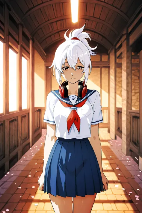 Anime-like characters about the age of high school students、Her hair is white and she wears headphones around her neck、My hair is long and tied at the back