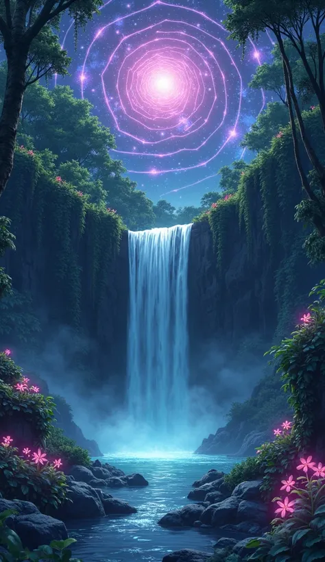 14. Nebula Skies Over the Hidden Waterfall
A secluded jungle waterfall under a cosmic sky filled with swirling purple and emerald nebulae. The water glows faintly as if absorbing the celestial energy, cascading into a misty pool. Strange, luminescent flowe...