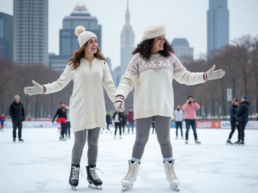 A 27 years old ,matured,american white woman with A plus size fitted body, ivory white round-shaped face.

She and her husband. She tries to balance while skating on the ice, laughing as her s hold her hands.

✅ Outfit: White woolen sweater over a kurti, w...