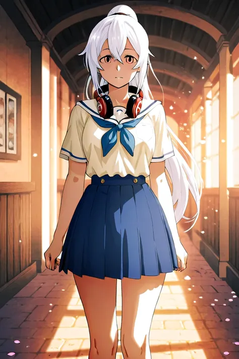 Anime-like characters about the age of high school students、Her hair is white and she wears headphones around her neck、My hair is long and tied at the back