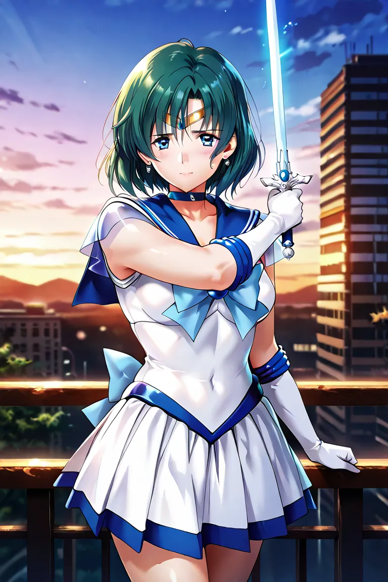 (((( Masterpiece)))), (((( top quality)))),  high resolution,fine grain, detailed face,  wet, ( Sailor Mercury、Mizuno Ami),  mature mature, dress,  action,