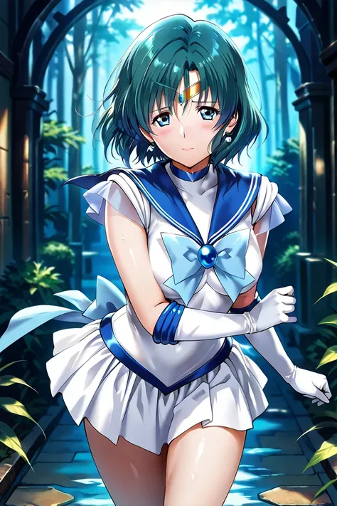 (((( Masterpiece)))), (((( top quality)))),  high resolution,fine grain, detailed face,  wet, ( Sailor Mercury、Mizuno Ami),  mature mature, dress,  action,