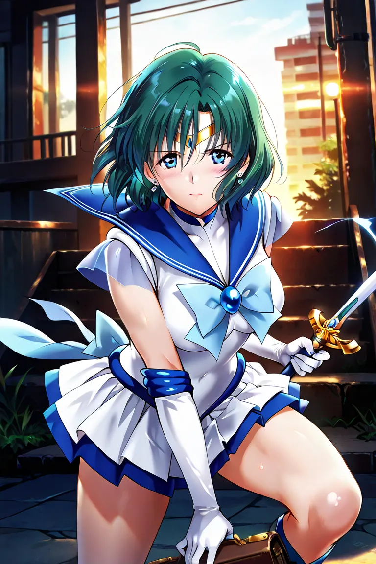 (((( Masterpiece)))), (((( top quality)))),  high resolution,fine grain, detailed face,  wet, ( Sailor Mercury、Mizuno Ami),  mature mature, dress,  action,