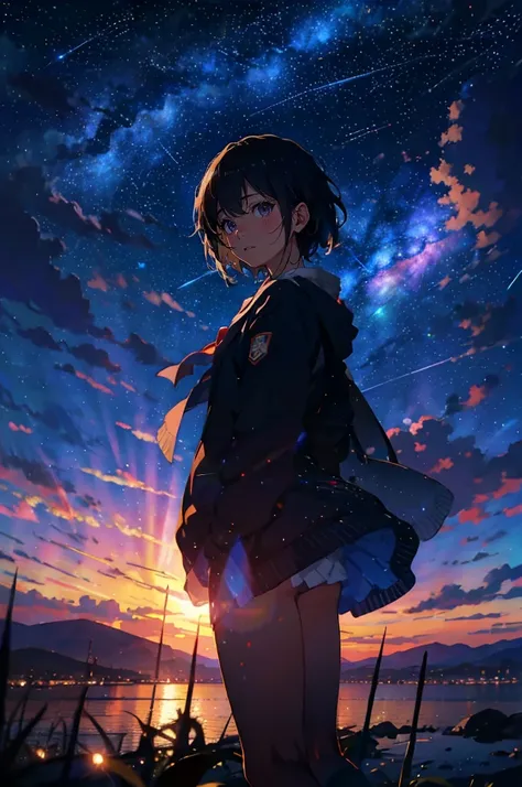 (masterpiece), (Highest quality), masterpiece, Highest quality,  Anime Girl，starry sky，meteor shower，夜のcomet, Makoto Shinkai,  in front of the cityscape , （meteor shower，comet），sharp focus， low angle between mountains， ， meteor，Highest quality， tmasterpiec...