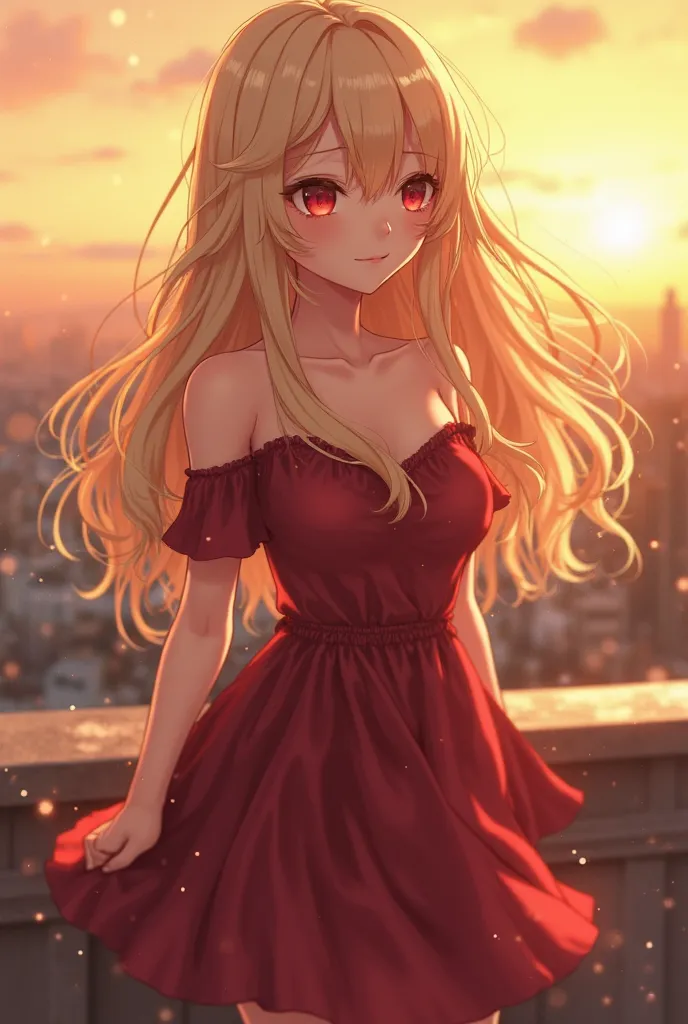 A stunning anime-style girl standing on a rooftop during golden hour, her long, wavy blonde hair gently flowing in the breeze. She has soft, glowing skin, expressive red eyes, and a melancholic expression. She wears a deep red off-shoulder dress with delic...