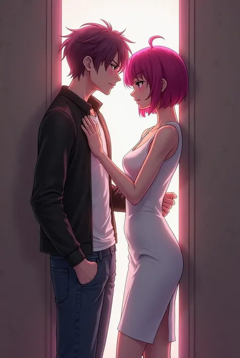 Here’s the updated description with the business dress: "Tecna and Riven stand facing each other in a room. Riven, with his dark pinkish-purple hair, wears a white t-shirt and a black leather jacket, gently pressing Tecna against the wall. The tension betw...