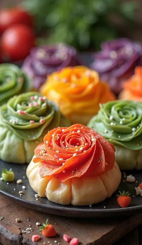 Hgraphic elements, Dynamic Light, Cinematics, HDR, UHD, professional PHOTOGRAPH OF:

 Colorful Harmony
"Visualize a beautifully arranged platter of Luxe Vegetable Flower Buns, each one shaped like a blooming flower in vibrant colors. Surround the buns with...