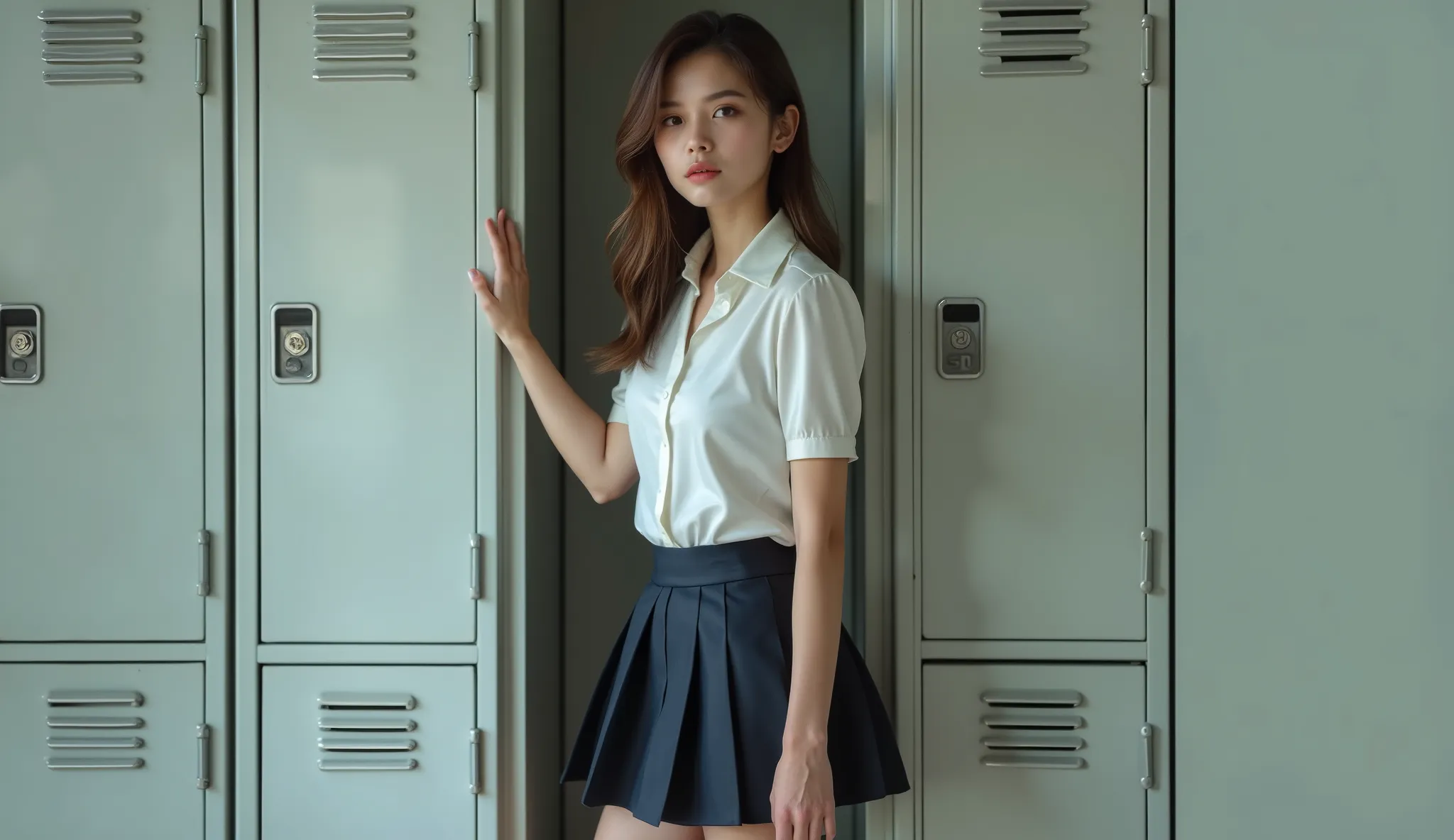 High quality, high definition photo of a very beautiful slender young european woman 19 yo standing in front of a locker with her hand on the door, cute schoolgirl, a hyperrealistic schoolgirl, hyperrealistic schoolgirl, of a schoolgirl posing, dressed as ...