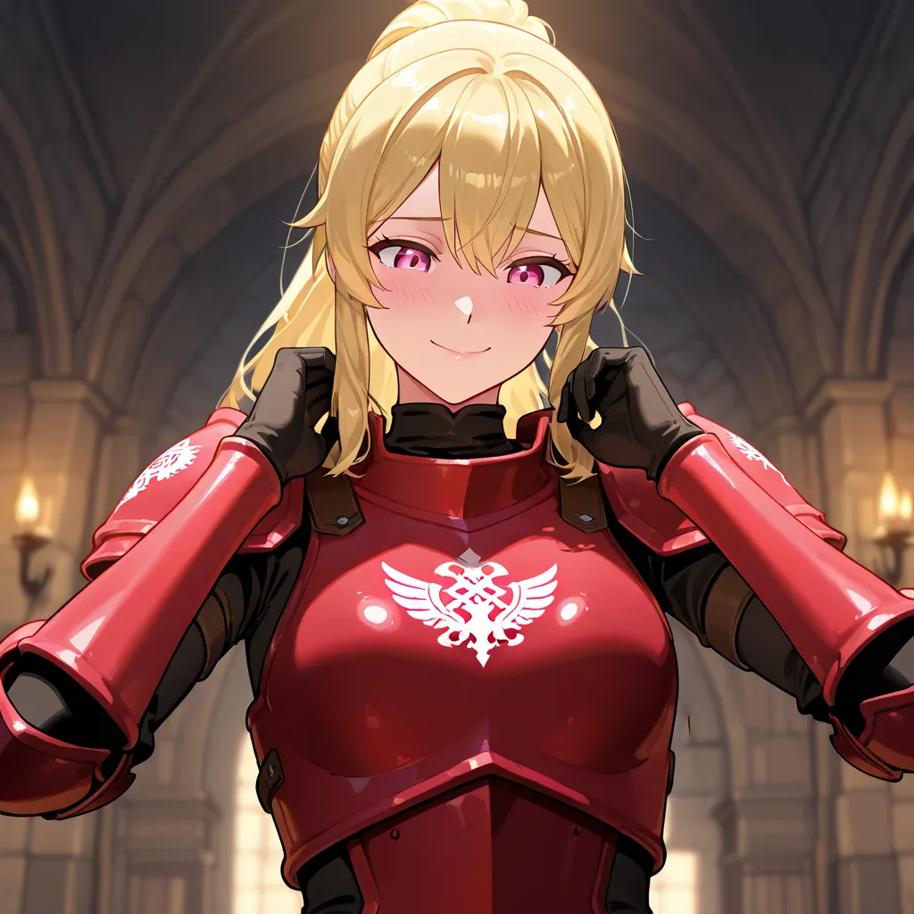 Blonde Hair, Pink Eyes, Large Breasts, Solo, Short Hair, Hero, Bodysuit, Armor Plating, Blush, Looking Down, Shy Smile, Fidgeting, Medieval, 1girl, Red Emblem, Sword in Rose emblem