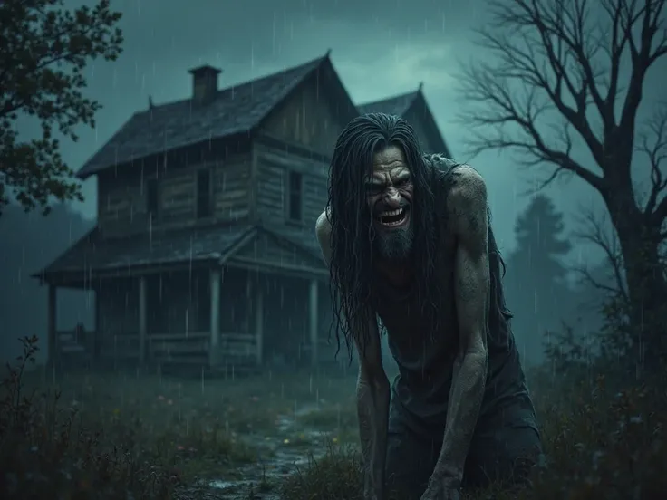 animated horror game cover photo. The name of the game is Kibık Köyü. an abandoned village house in the background, it is raining and night time. Very old skinny guy with long hair in front is crying bent on the ground but smiling at the same time
