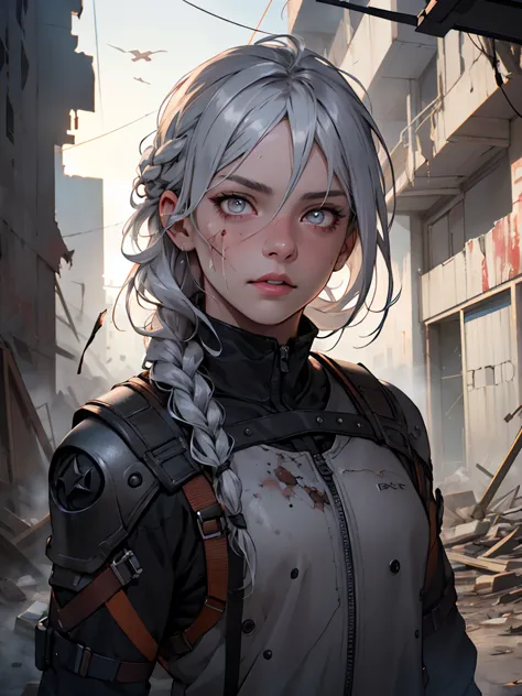 Aduld Female; exhaustet; dirty face; White long Hair, short Braid; Silver Eyes; black apocalyptic outfit; standing in ruins; wounded;