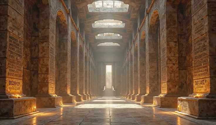 A grand temple hall with enormous stone tablets inscribed with mathematical formulas and astronomical charts.