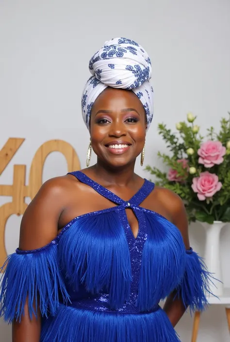 A portrait image of a size 14 caramel African Nigerian latina female during her birthday photoshoot, dressed in round neck blue fringes gown,tying a white party round gele head wrap, , flawless makeup,smiling glossy lips,Background is white,with studio flo...