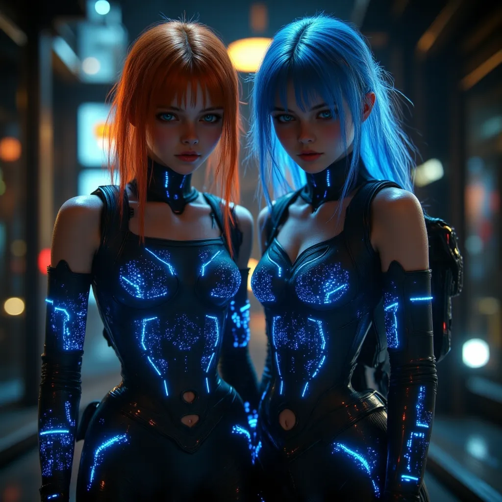 hyper realistic, two girls one ginger and one with blue hair sad and afraid, age-14 in a sci fi military outfit, leggings with small glowing blue neon lines tank top with small glowing blue neon lines, belts neon lights, scifi inplants, flat belly, tiny wa...