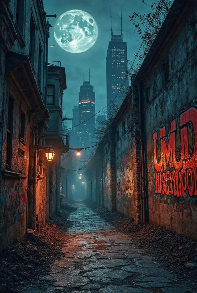 "A dark and dangerous urban street at night, with eerie moonlight casting shadows over the scene. Flames flicker along the alley, illuminating the cracked pavement and an old, weathered concrete wall. Bold, colorful graffiti on the wall reads 'Umud Huseyin...