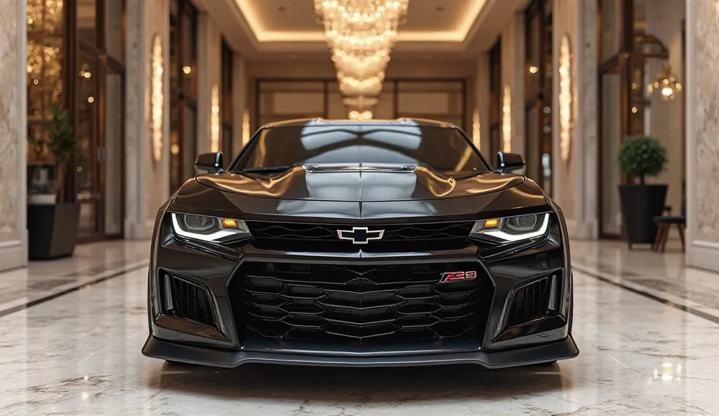 "Front view of a Chevrolet Camaro Z/28 in a luxurious open-hall showroom. The car is painted in sleek black with a glossy finish, reflecting ambient lighting. The showroom features high ceilings, polished marble floors, and modern architectural elements su...