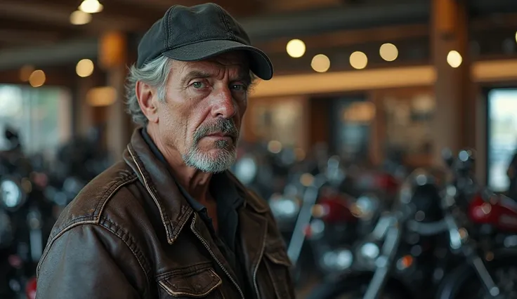 A rugged, undercover CEO in his late 40s, wearing a worn leather jacket and a baseball cap, standing inside a high-end motorcycle showroom. His face is tense, eyes filled with shock as he secretly listens to two shady customers whispering about an illegal ...