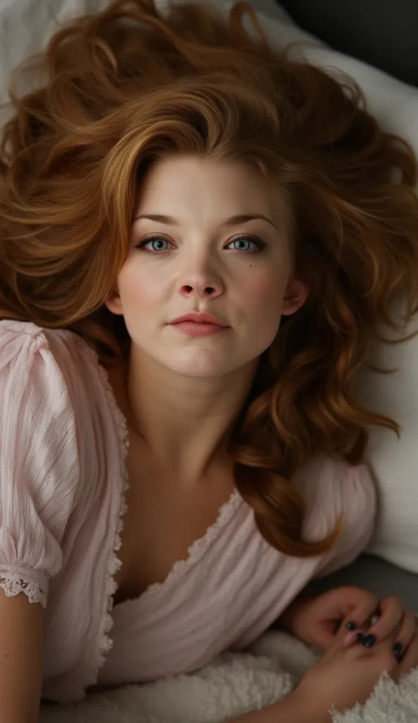 Natalie Dormer is lying on her back on the bed, sexy,  seductive smile ,  long red hair, big breasts,naked tits with big erect fat nipples , blue_eyes ,face in cum. sucks a huge dick,drool