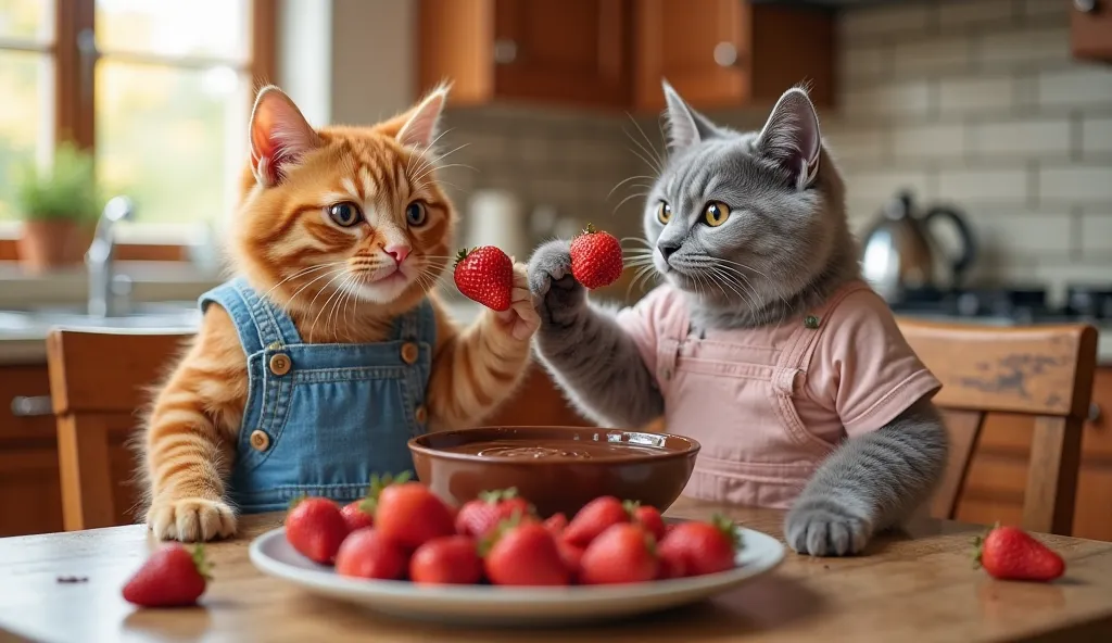 Two adorable cats, dressed in cute rompers—one in blue denim and the other in soft pastel pink—are sitting on chairs at a cozy dining table in a warm, inviting kitchen. The dining table is fully set, overflowing with delicious treats. In the center, a larg...