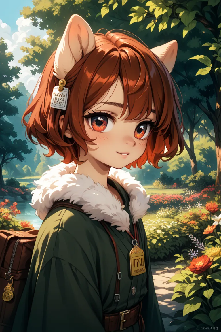 anime character。Reddish brown hair color、 dark eyes。Soft and fluffy